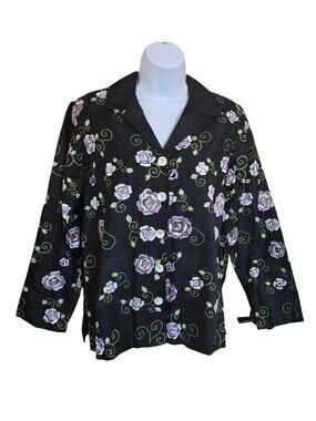 Laura Ashley Petite Floral Embroidered Black Silk Jacket Vintage pastel goth